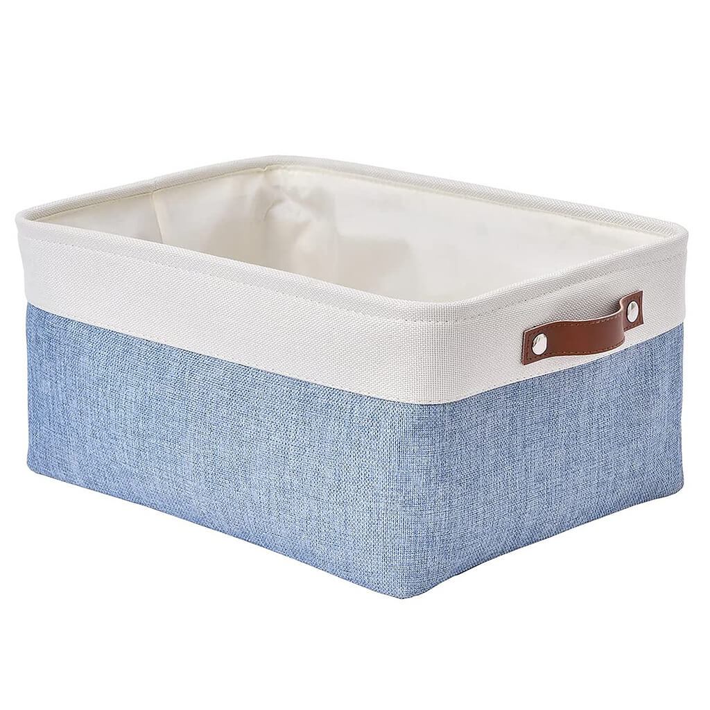 Blue and White Canvas Storage Basket | Durable Linen with Leather Handles | Multiple Sizes Available