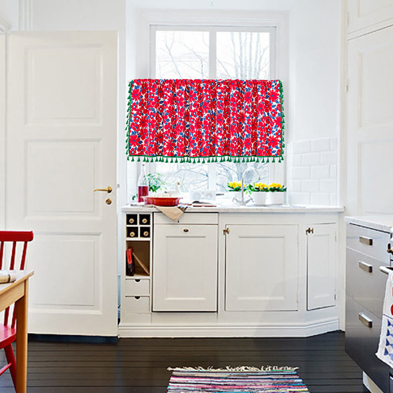 Red Flower Print Tier Curtain | Cotton Linen | 59"W x 17"L, 23"L, or 36"L