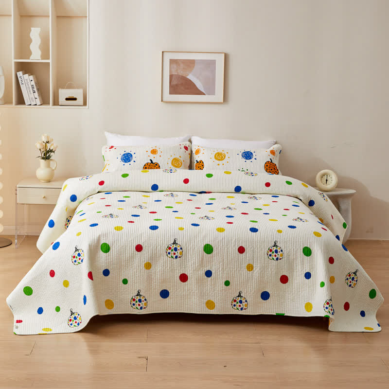 Quilted Cotton Bedding Set | Polka Dot & Pumpkin Design | Queen/King Size
