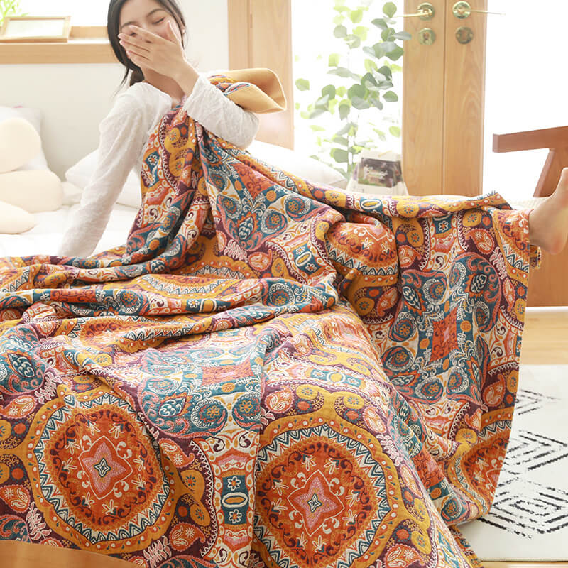 Reversible Cotton Quilt | Dark Orange Bohemian Design | Available in Full, Queen, King Sizes