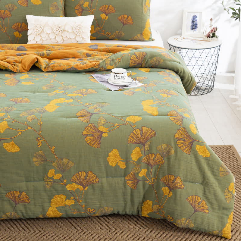 Rustic Ginkgo Leaf Bedding Set | 100% Organic Cotton | Includes Quilt & 2 Pillowcases