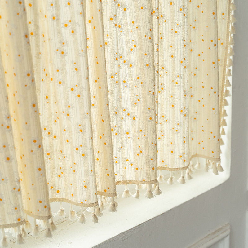 Beige Daisy Pattern Tier Curtain | Cotton Linen | 1 Piece