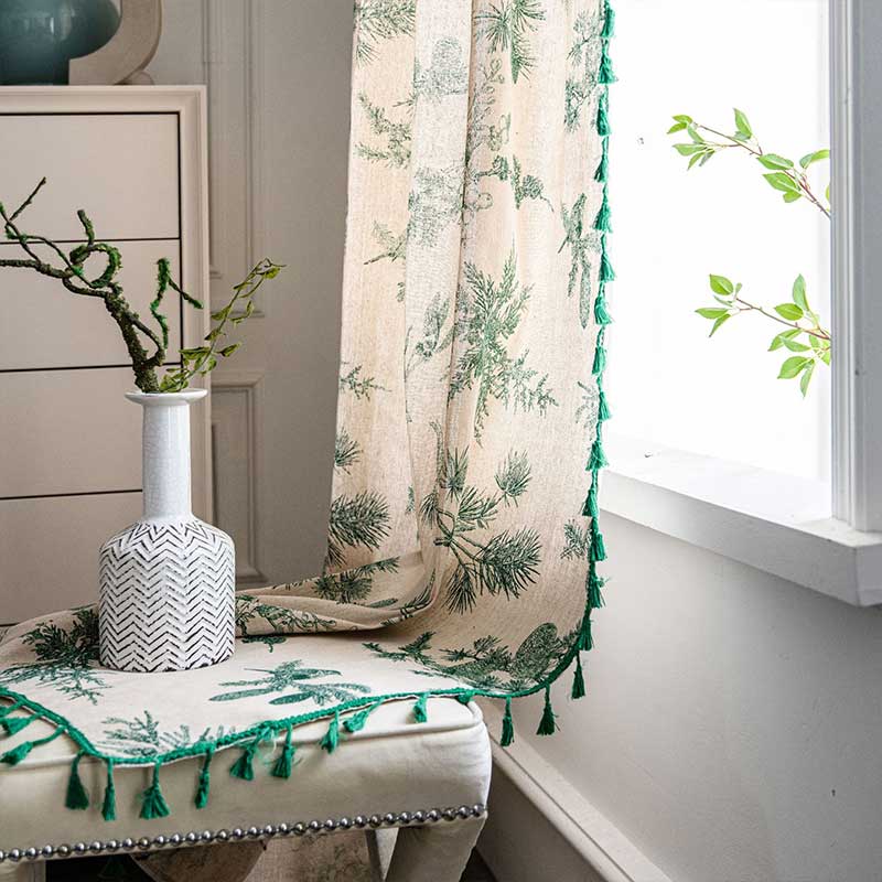 Green Pine Bird Pattern Curtain | Cotton Blend Fabric | Semi-Blackout Design