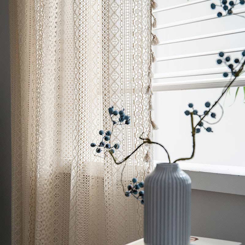 Cotton Beige Bohemian Curtain | Hollow-Out Tassel Design | 1 Piece