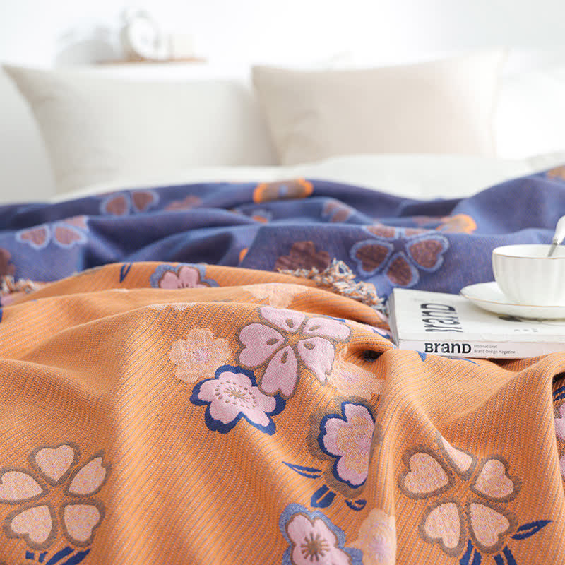Blooming Flowers Soft Tassel Blanket | Pure Cotton | Full Size 59"W x 79"L