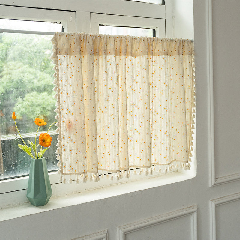 Beige Daisy Pattern Tier Curtain | Cotton Linen | 1 Piece