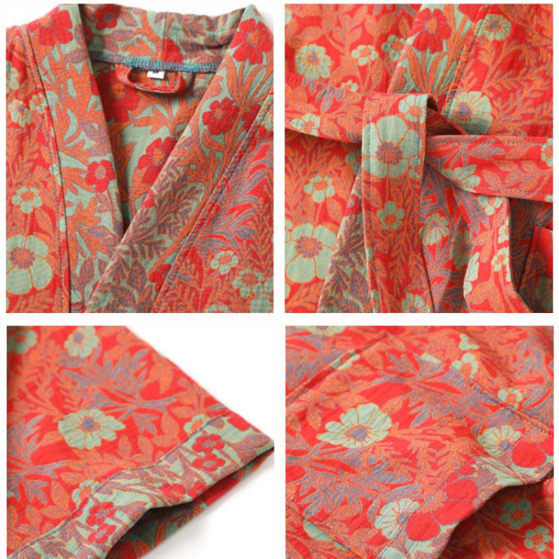 Cotton Bathrobe | Jacquard Flower Pattern | Unisex, Adjustable Belt