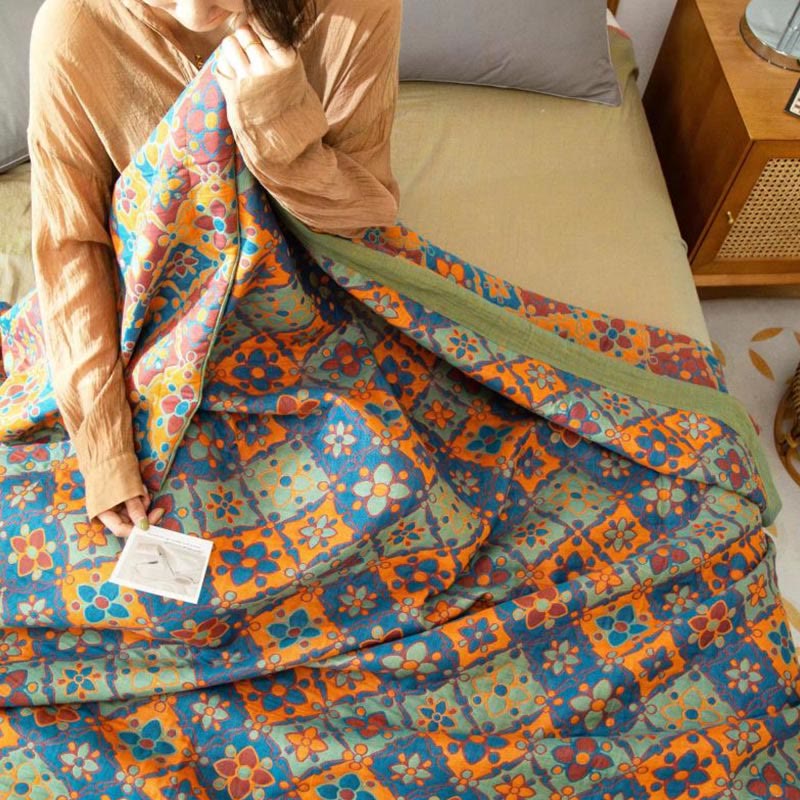 Boho Floral Quilt | 100% Organic Cotton | Reversible Design, Multiple Sizes