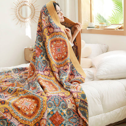 Reversible Cotton Quilt | Dark Orange Bohemian Design | Available in Full, Queen, King Sizes