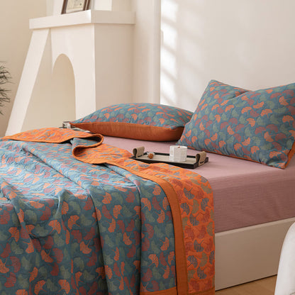 Ginkgo Leaf Pattern Cotton Quilt | Reversible Design | Full/Queen/King Options