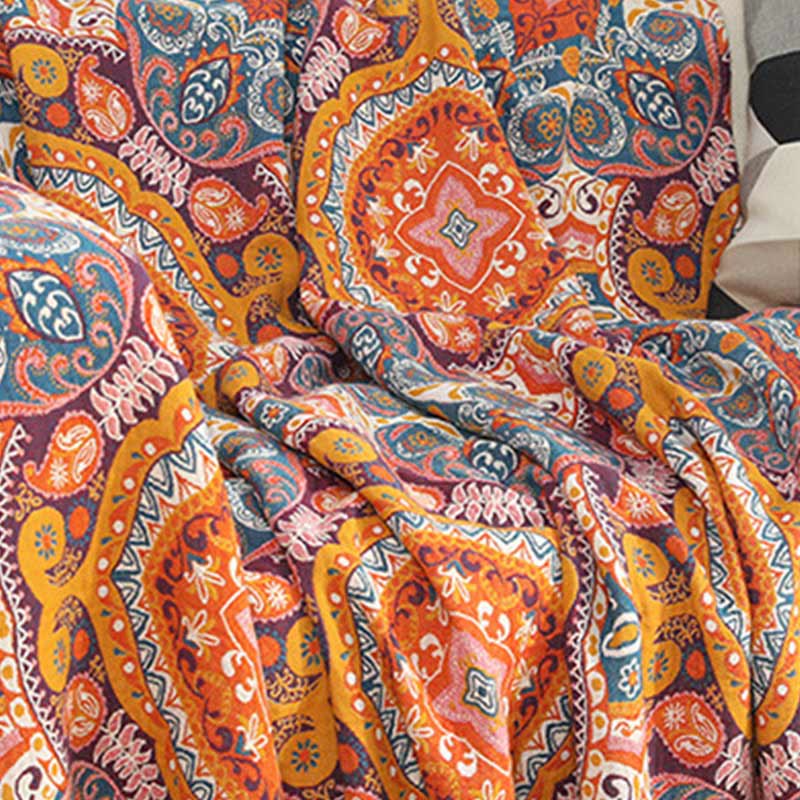 Boho Reversible Sofa Blanket | 95% Cotton | Orange, Full Size 59"W x 79"L