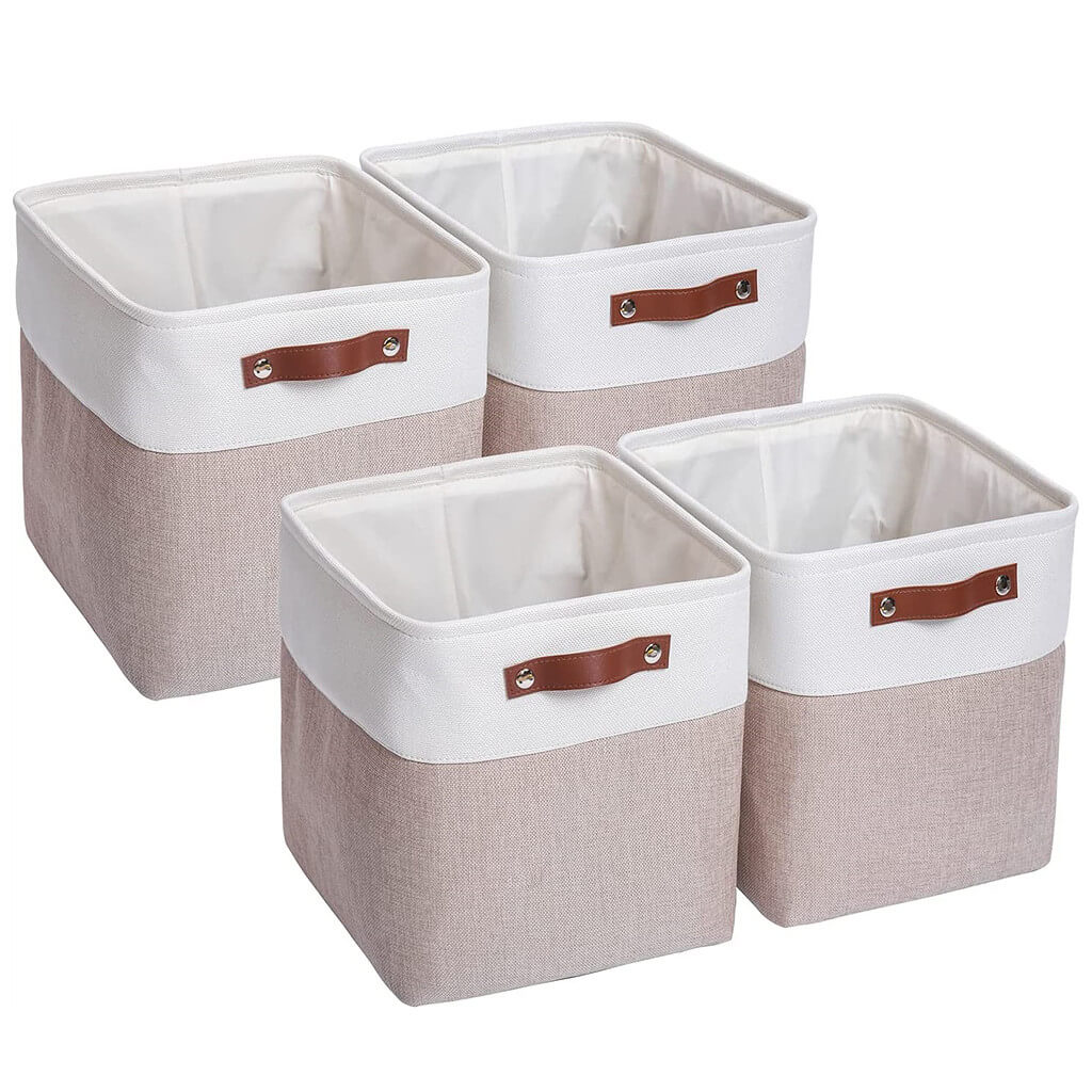 Storage Baskets | Thickened Fabric & Leather Handles | White & Khaki