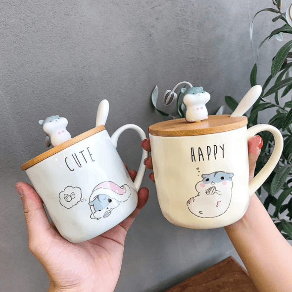 Cartoon Mug | Hamster Design | with Lid & Spoon