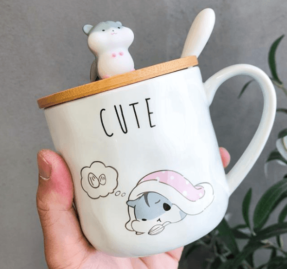 Cartoon Mug | Hamster Design | with Lid & Spoon