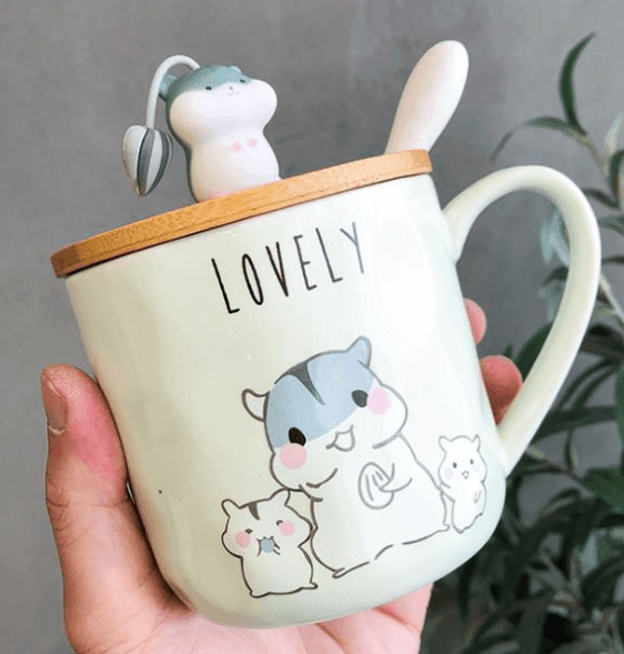 Cartoon Mug | Hamster Design | with Lid & Spoon