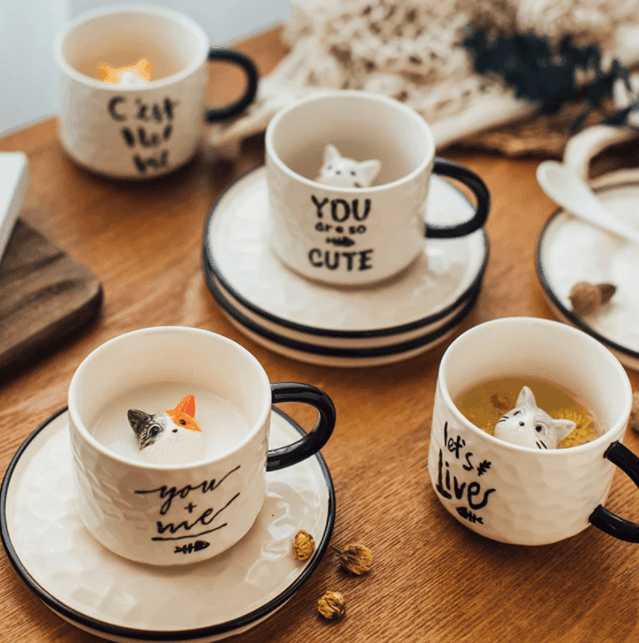 Cat Ceramic Mug with Saucer | Ceramic | Unique Decoration