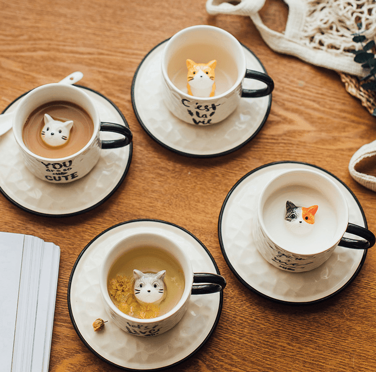 Cat Ceramic Mug with Saucer | Ceramic | Unique Decoration