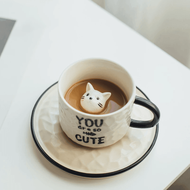 Cat Ceramic Mug with Saucer | Ceramic | Unique Decoration