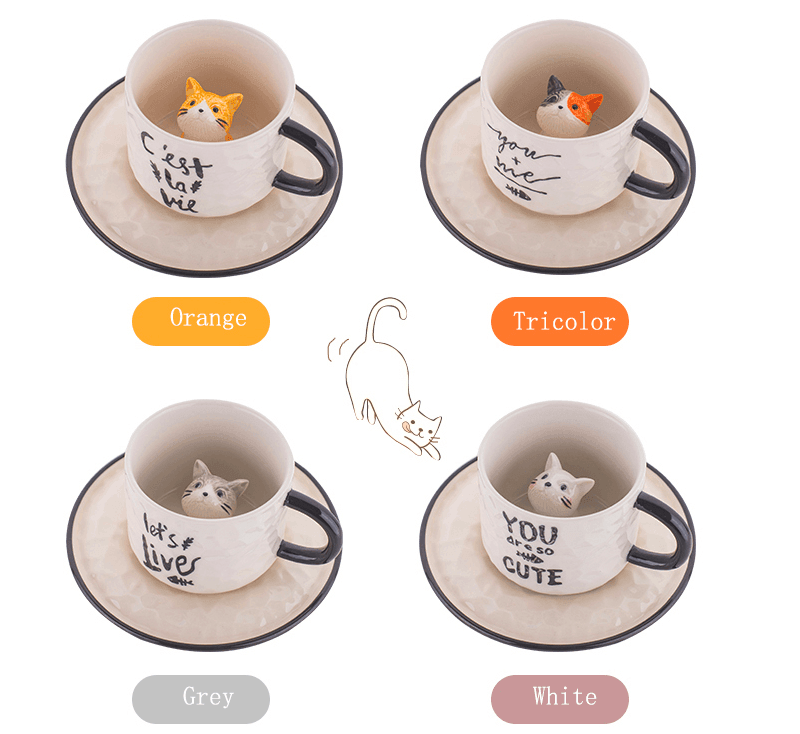 Cat Ceramic Mug with Saucer | Ceramic | Unique Decoration