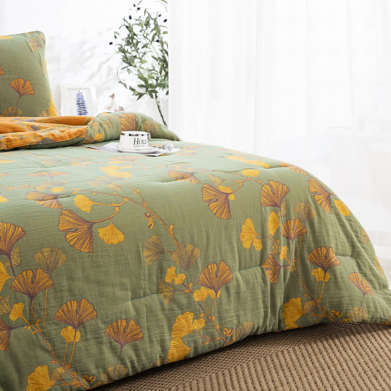 Rustic Ginkgo Leaf Bedding Set | 100% Organic Cotton | Includes Quilt & 2 Pillowcases