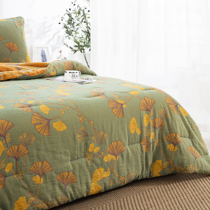 Rustic Ginkgo Leaf Bedding Set | 100% Organic Cotton | Includes Quilt & 2 Pillowcases