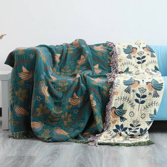 Boho Reversible Blanket | 100% Cotton | Floral and Bird Patterns