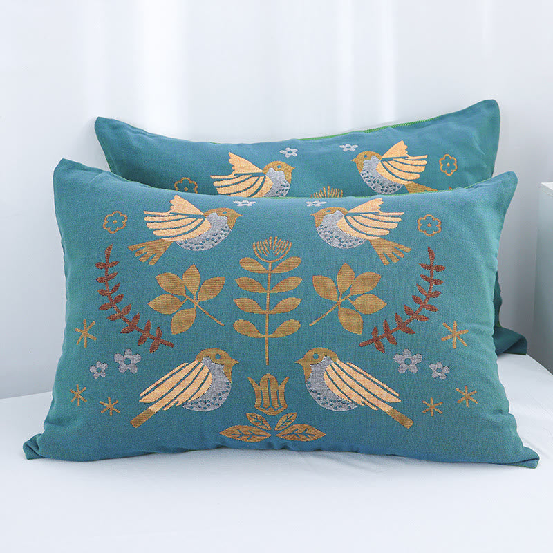 Boho Cotton Pillowcases | Flower and Bird Design | Set of 2