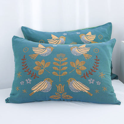 Boho Cotton Pillowcases | Flower and Bird Design | Set of 2