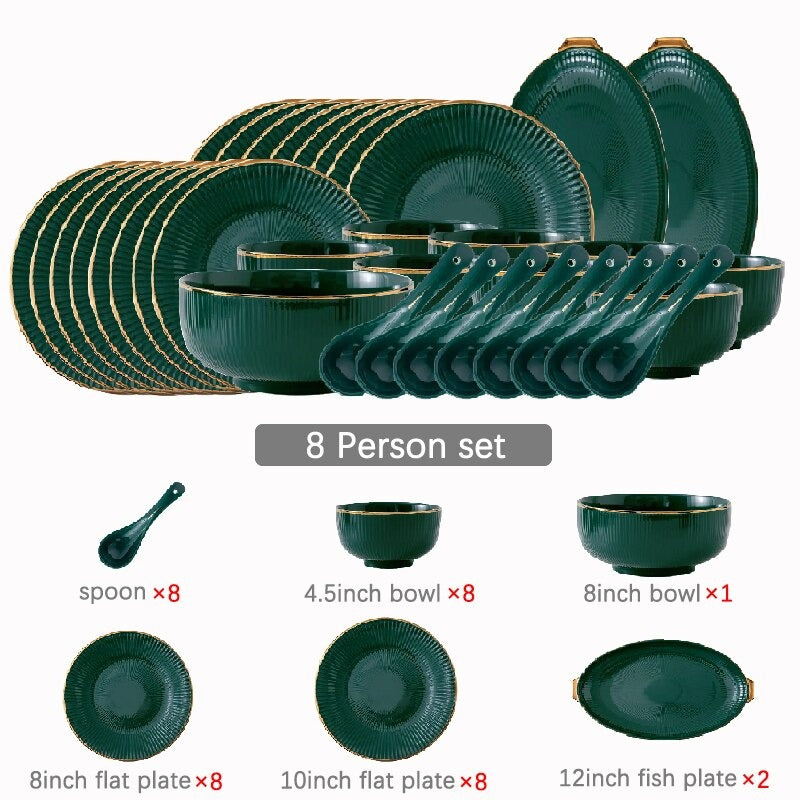 Ocula Dinnerware Set | Fine Porcelain with Gold Rim | Green, 4-8 Persons