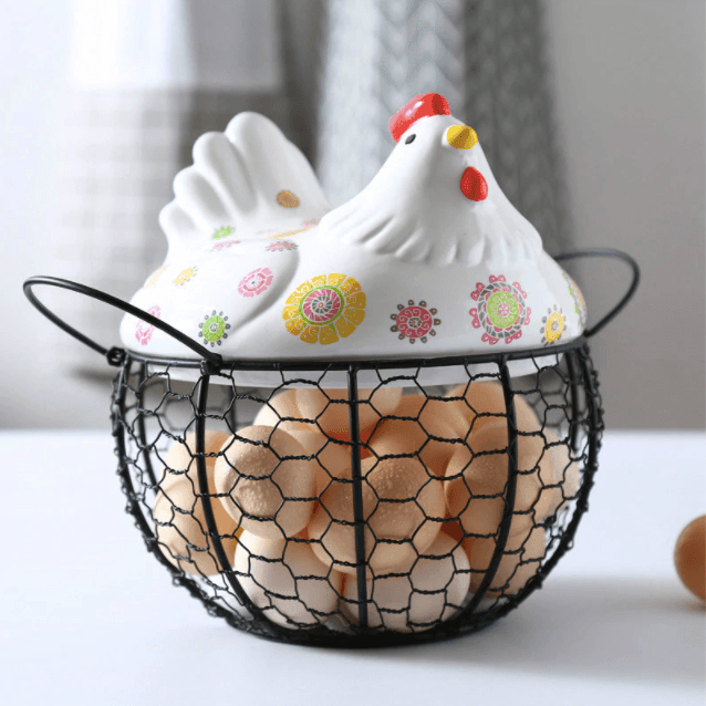 Ceramic Egg Storage Basket | Iron & Ceramic | Chicken Lid