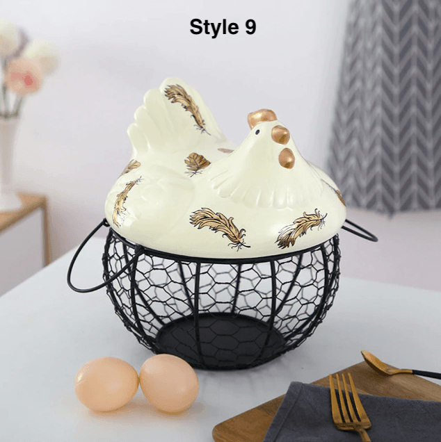 Ceramic Egg Storage Basket | Iron & Ceramic | Chicken Lid