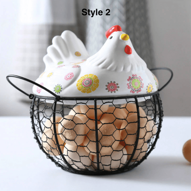 Ceramic Egg Storage Basket | Iron & Ceramic | Chicken Lid