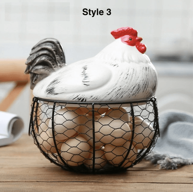 Ceramic Egg Storage Basket | Iron & Ceramic | Chicken Lid