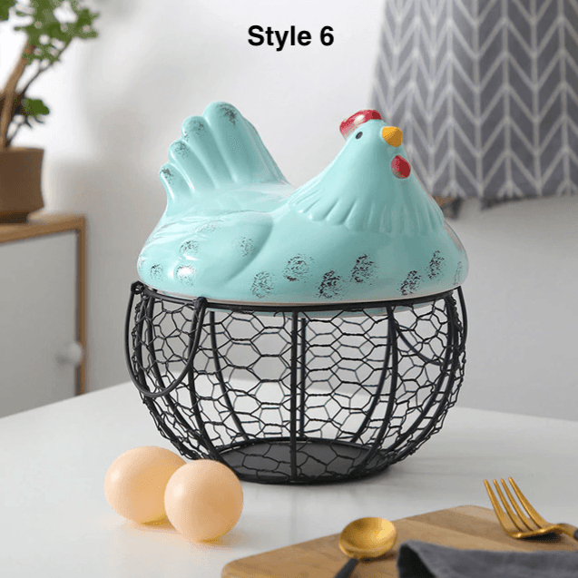 Ceramic Egg Storage Basket | Iron & Ceramic | Chicken Lid