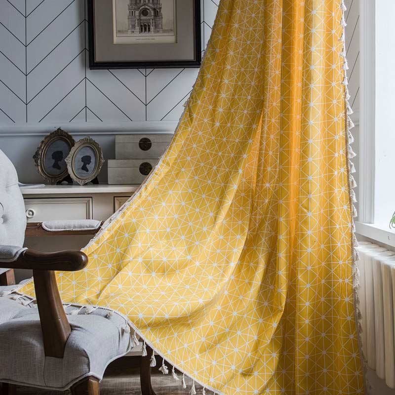 Yellow Plaid Semi-Blackout Curtains | Cotton with Tassels | 1 Piece