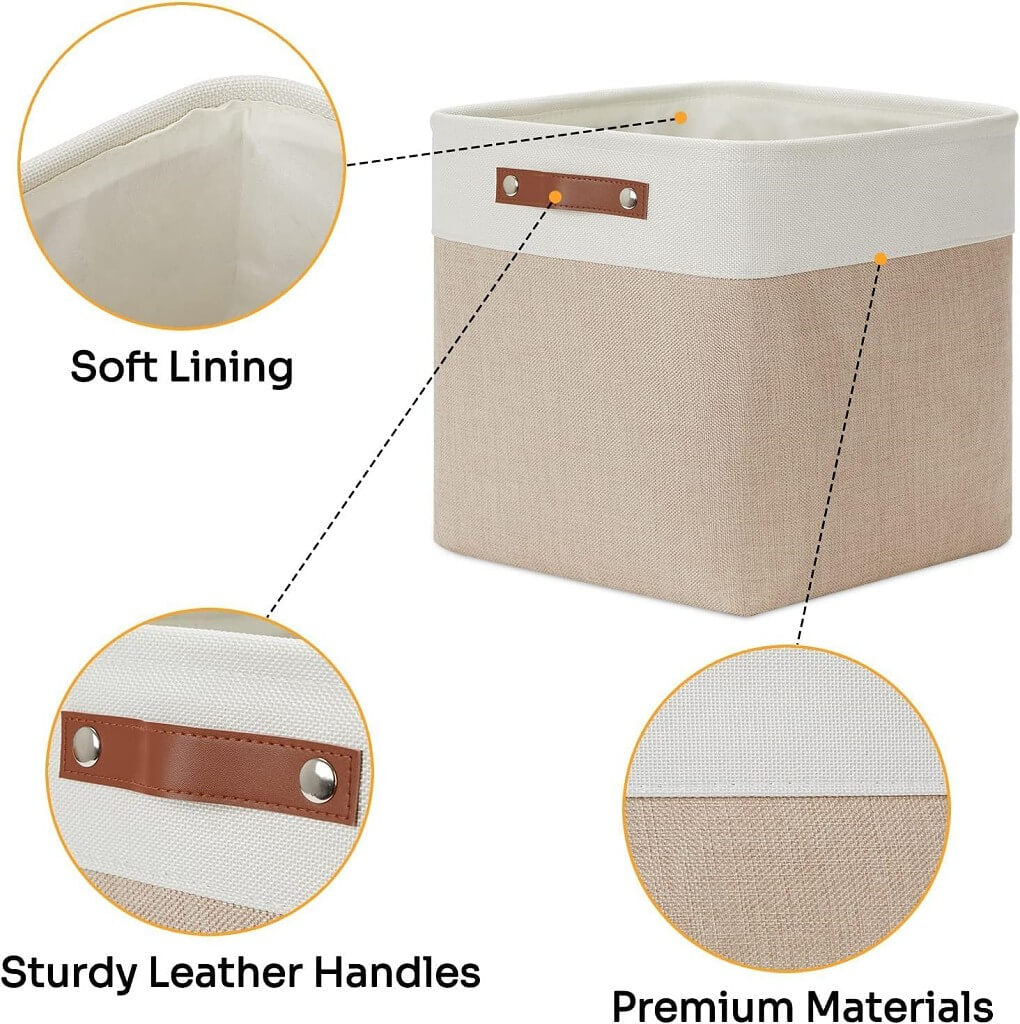 Fabric Storage Boxes | Collapsible with Leather Handles | Set of 3, White & Khaki