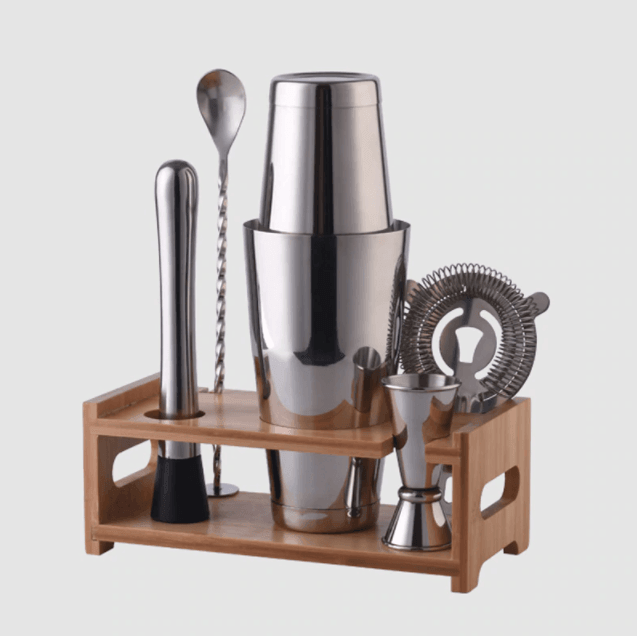 Cocktail Shaker Set | Stainless Steel | Wood Stand