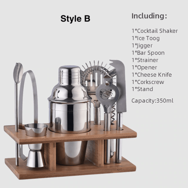 Cocktail Shaker Set | Stainless Steel | Wood Stand