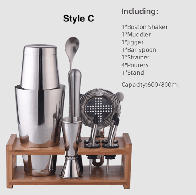 Cocktail Shaker Set | Stainless Steel | Wood Stand
