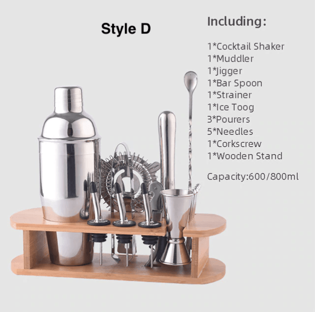 Cocktail Shaker Set | Stainless Steel | Wood Stand