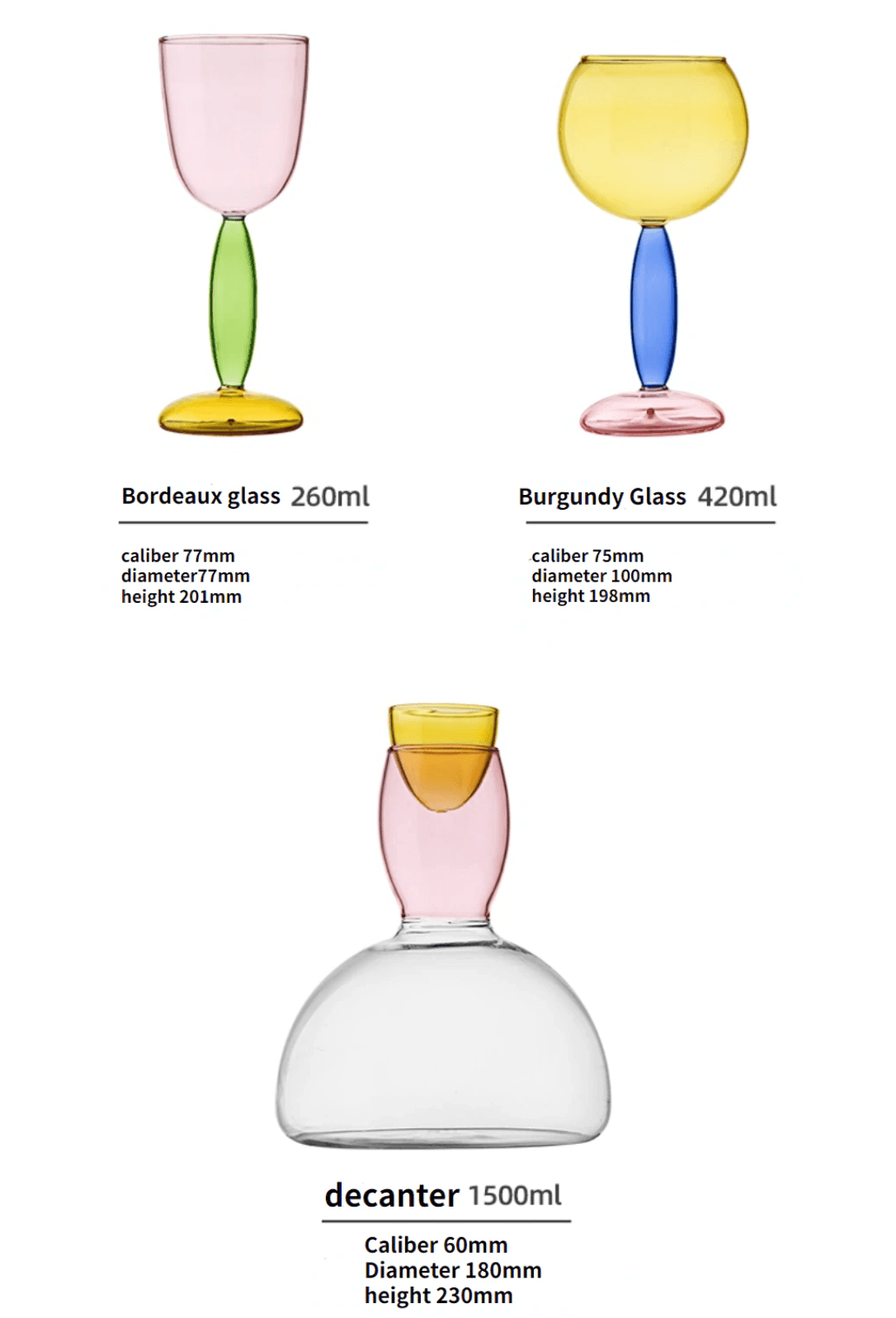 Colored Glass Wine Cup/Decanter | Borosilicate Glass | Various Sizes