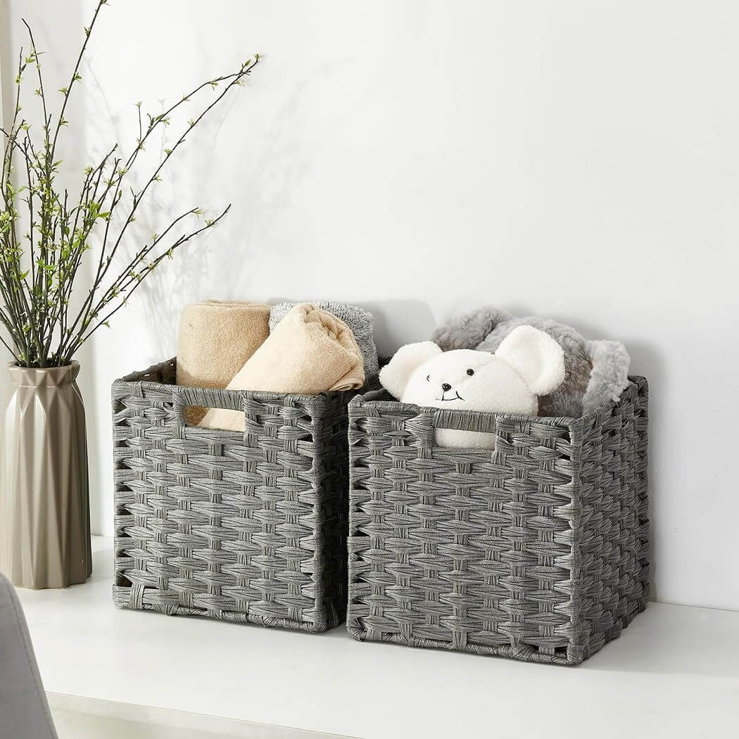 Wicker Storage Cube Boxes | Ash Grey Rattan Effect | Set of 2, 4, or 6