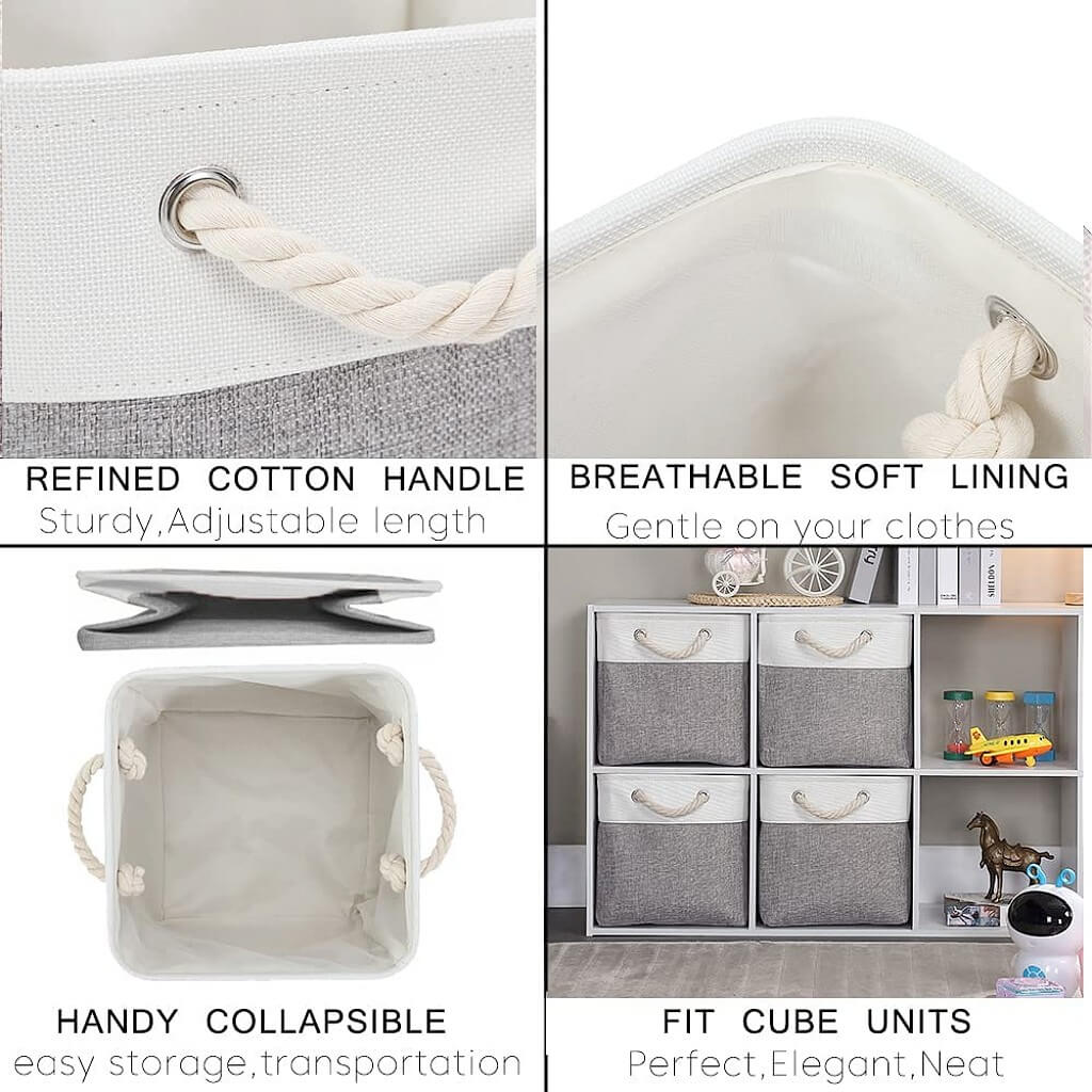Canvas Storage Cubes | Grey and White Rope Handles | Set of 1, 3, or 4