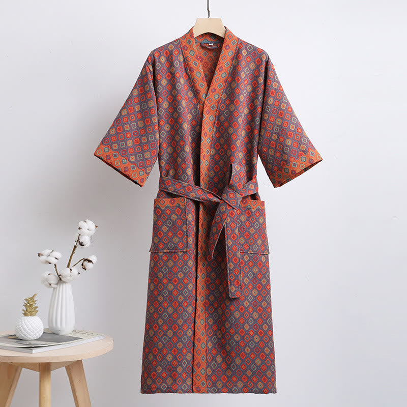Unisex Cotton Bathrobe | Double-Layer Soft Fabric | Rhombus Pattern