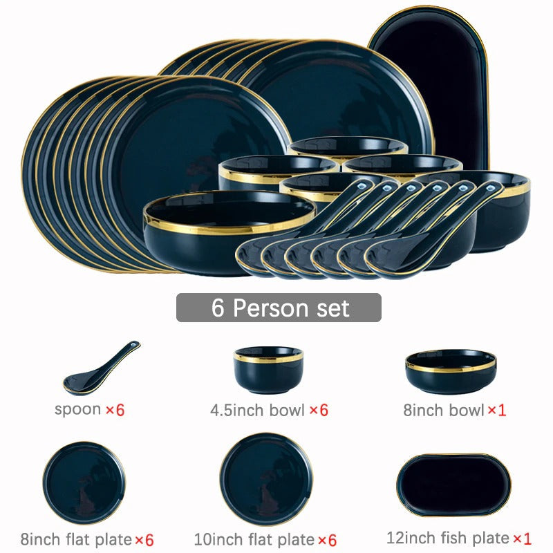 Oxford Blue Dinnerware Set | Fine Porcelain with Gold Rim | 4, 6, or 8 People