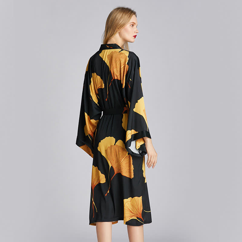 Ginkgo Leaf Bathrobe | Lightweight Polyester | Black and Gold