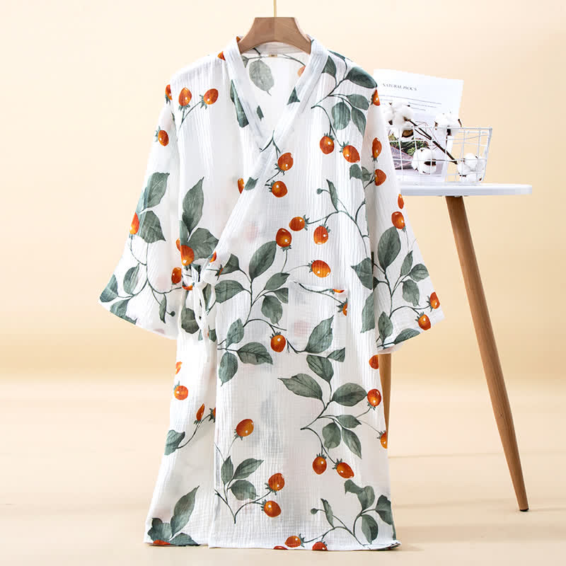 Cotton Gauze Bathrobe | Cherry Tomato Motif | V-Neck Design
