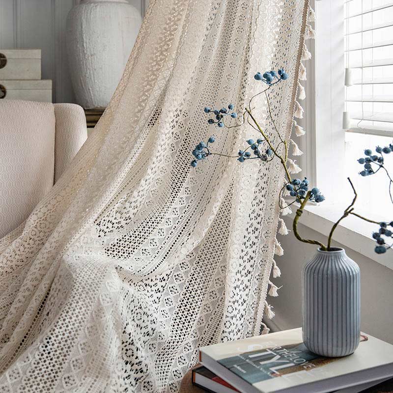 Cotton Beige Bohemian Curtain | Hollow-Out Tassel Design | 1 Piece