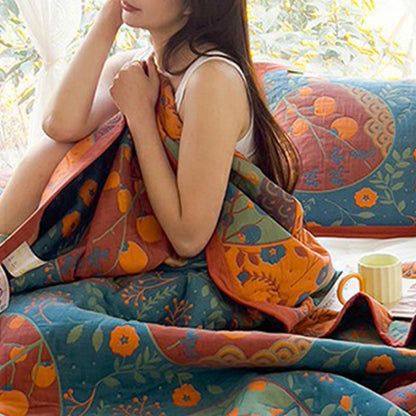 Persimmon Flower Cotton Quilt | Reversible Double-Sided | Full/Queen/King Sizes