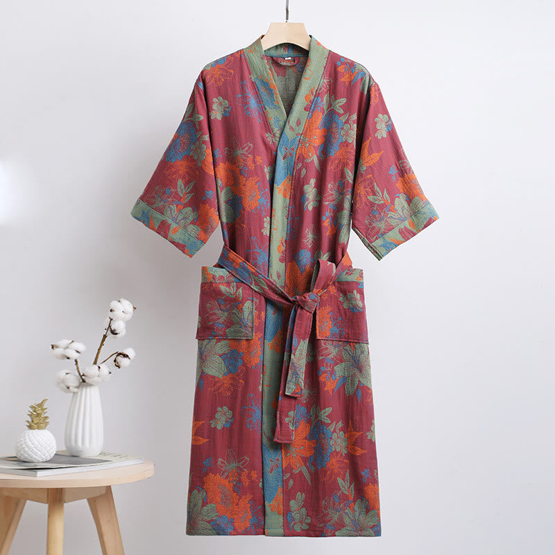 Cotton Gauze Bathrobe | Double-Layer Floral Design | Unisex